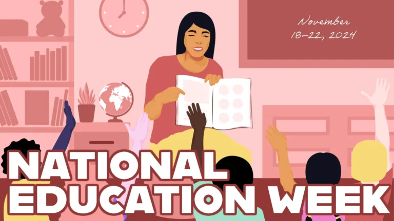 A digital drawing of a woman sitting down and teaching her students sitting in front of her. The teacher is holding and pointing to an open book on her lap. The classroom behind the people is all in shades of pink. Overtop the students across the bottom edge are bold white sans letters with a dark pink outline saying ‘NATIONAL EDUCATION WEEK’.