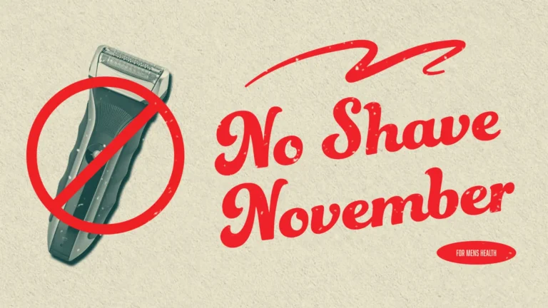 A piece of old, tan textured paper fills the background of the image. The words ‘No Shave November’ sits centered, right in the image in bright red, bold, retro curved, sans font. To the left is a duotone gray image of an electric razor with a red circle with a diagonal line through it on top. A small red oval sits below the words in the bottom right. It says ‘FOR MENS HEALTH’ in thin, white, sans letters.