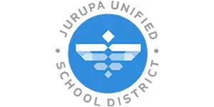 Blue Circle logo with a flag light pattern in the center, with the words Jurupa Unified School District wrapping around the circle