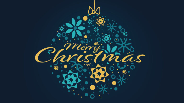 A dark, solid navy background with light and dark blue teal, and gold shapes creating a large circle ornament in the center of the image. Some shape examples include stars, snowflakes, and circles of various sizes. Across the center of the ornament, in gold script letters, reads ‘Merry Christmas’.