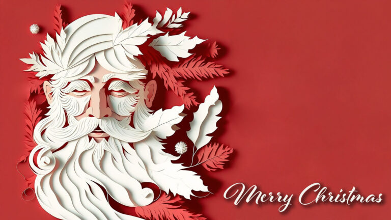 A solid red background with an AI image of a Santa head and leaves made out of paper on the left side of the image. Santa has his eyes closed and his beard and the leaves seem to be blowing in the wind. In the bottom right corner says ‘Merry Christmas’ in a white script font.