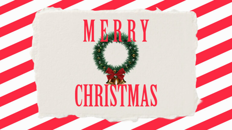 Red and white diagonal lines fill the background, white a torn edge paper rectangle in the center of the image. On the center of the paper is an image of a wreath with two gold bells tied with a red velvet ribbon hanging at the bottom. Ave the wreath is the word ‘MERRY’ and below ‘CHRISTMAS. The font used for the words is a red, all-caps, serif.