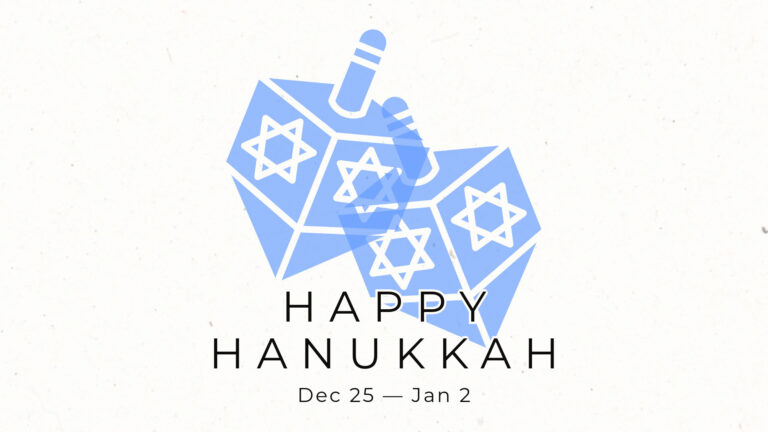 A solid white background with the words Happy Hanukkah Dec 25 — Jan 2 centered and at the bottom of the image. A thin, black, all-caps, sans font with a thin white outline was used for the words. Two large light blue dreidel shapes, that are slightly transparent, are above the words.