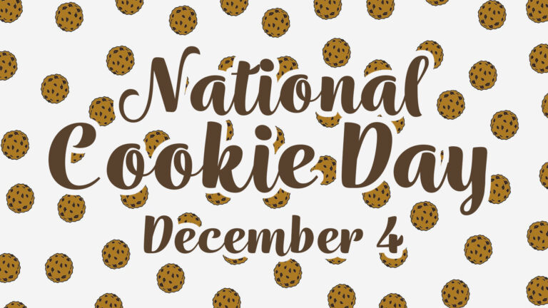 A light gray background with small chocolate chip cookies scattered across the whole image. The large words ‘National Cookie Day December 4’ are centered in the image. A thick, brown, cursive font with a thick gray outline was used for the words.