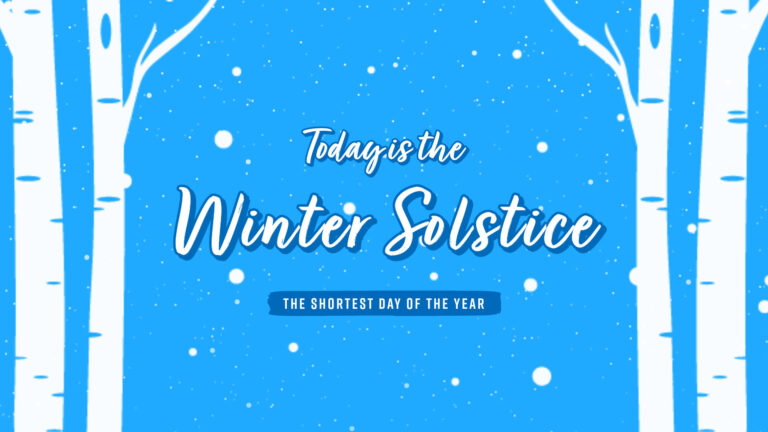 A bright, sky blue background with white circles of falling snow. On either side are two white silhouettes of birch tree trunks. In the center reads ‘Today is the Winter Solstice’ in white cursive script letters with a darker blue drop shadow. Below in small white, all-caps, sans letters says ‘The shortest day of the year’ all in a dark blue rectangle.