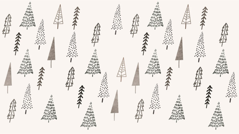 A light beige background with line drawings of pine trees filling the image. The style of drawings include; light brown solid watercolor, black outlines, small black dashed lines, thin tan outlines and branches, gray outlines, and black lined thin pointy trees.