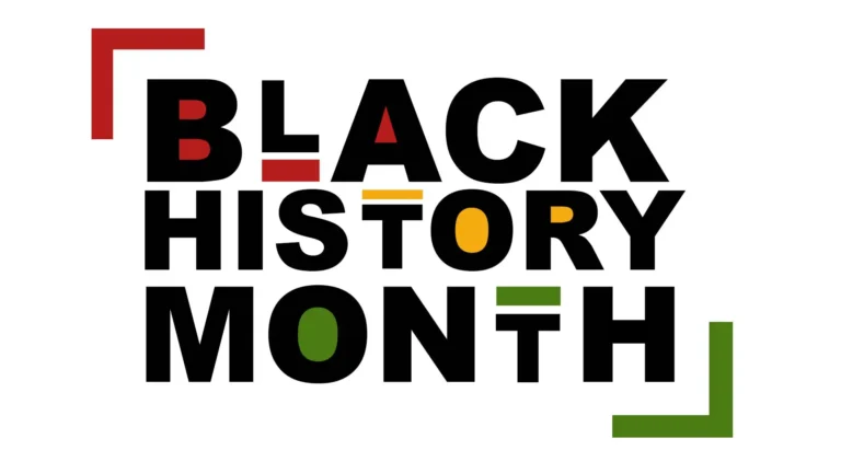 The words ‘BLACK HISTORY MONTH’ are stacked in the center of the image. A bold, black, slab sans font was used. A red, 90 degree angle shape sits above the letter ‘B’ in the top left corner. The same shape, but green, sits below the ‘H’ in the bottom right corner. In ‘Black’ a red line is below the letter ‘L’, and the center of the ‘A’ is filled in with red. In ‘History’ the ‘T’ has a line above it, and ‘O’ and ‘R’ centers are filled in with the color yellow. ‘Month’ the ‘O’ is filled in and ‘T’ has a line above it in green. All on a solid white background.