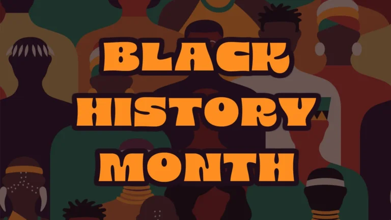 Illustrations of a crowd of people fill the image and faded against a dark brown background. The people appear to be wearing traditional clothing from different places in Africa. The colors of the clothes and accessories are either green, goldenrod, cream, or orange. On top of everything in the center of the image reads ‘BLACK HISTORY MONTH’ in bold, thick, all-caps, goldenrod, retro, sans letters with a dark brown outline.