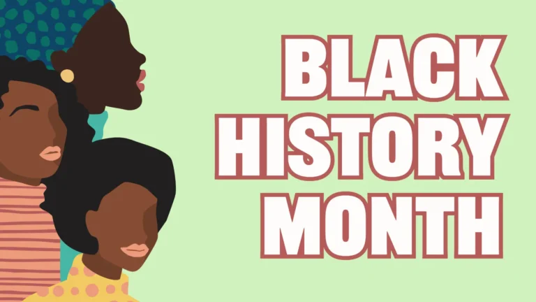 A solid light green background with three illustrations of Black Women' s heads against the left edge. Right aligned are the words ‘BLACK HISTORY MONTH’ stacked on top of each other. A bold, white, sans font with a dusty, dark pink outline was used. The top most woman is wearing a gold earring, teal turtleneck shirt, and her hair is wrapped in a blue scarf with teal polk-a-dots. The middle woman is wearing a pink turtleneck covered with thin, dusty, dark pink vertical lines, and has long wavy hair. The bottom woman is wearing a yellow sweater with orange polk-a-dots. Her hair is in an afro.