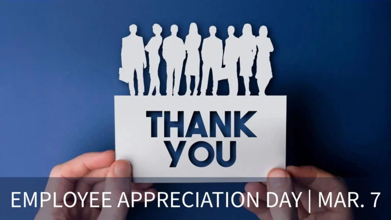 A photo of a piece of white paper cut into the shapes of a line of different people across the top of a rectangle. Inside the paper’s rectangle center the words ‘Thank You’ are cut out of it. A person’s hands hold either bottom corner of the paper from the bottom edge of the image. Along the bottom edge says ‘Employee Appreciation Dat | Mar. 7’ on top of a transparent navy rectangle. A thin, all-caps, white, sans font was used. All on a blue background.