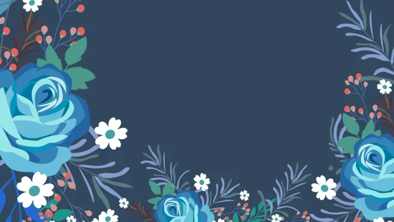 A navy background with floral illustrations filling the sides and bottom edges of the image. The illustrations include light blue roses, pink buds, little white flowers, and green and light purple foliage.