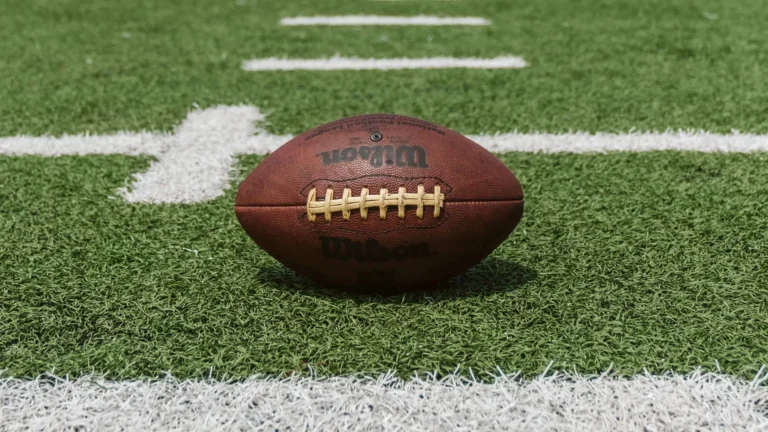 A photograph of a Wilson football laying on a field of green grass with painted football lines on it.