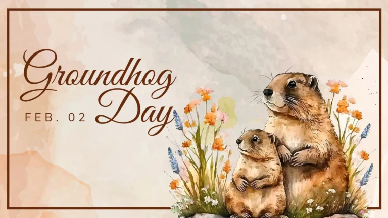 The background is covered in spots of watercolor paint. The color of paints used were shades of blue, oranges, and pinks. A dark brown rectangle line borders the image. In the bottom right corner is a watercolor painting of two groundhogs sitting in orange, pink, and blue flowers. In the top left reads ‘Groundhog Day’ in cursive, brown letters. Small, thin, brown letters sit below the word ‘groundhog’, but before ‘day’ and says the date ‘Feb. 02’.