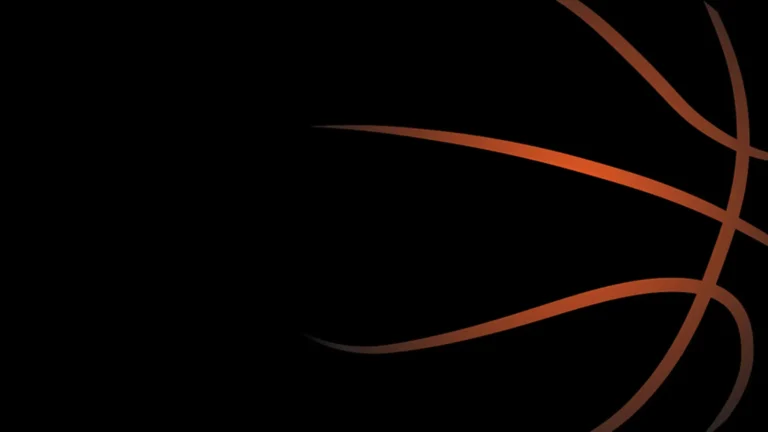 A solid black image with bright orange strips in the shape of the lines on a basketball fills the right side.