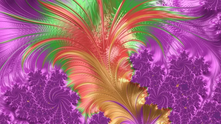 An AI image of bright purple, green, red, and gold colors swirling together. The purple is on the left and right sides, while the green, red and gold cross the middle and make a shape similar to a feather.