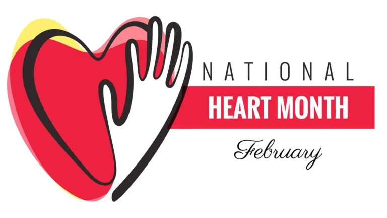 A line drawing of a heart with a hand making its right edge fills the left side of the image. The thick lines are black. A large red blob with a small pink and yellow blobs next to it fill the heart. The hand is solid white. Coming from the right of the illustration are the words ‘National Heart Month February’. ‘National’ uses a thin, spaced apart, all-caps, black sans font. ‘Heart Month’ uses a bold, all-caps, white sans font inside a horizontal red rectangle. Below everything is the month ‘February’ in thin, black, cursive letters. All against a solid white background.