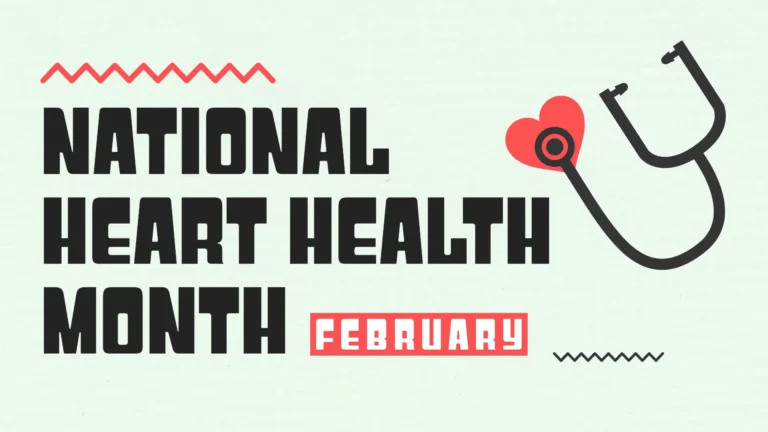 A pale, light green background with the words ‘National Heart Health Month’ stacked against the left edge. A bold, thick, retro, black font was used. Above the words is a pink zig zag line. After the word ‘month’ is a small pink rectangle. Inside reads ‘February’ in white, but using the same font as before. Next to the rectangle is a small black zig zag line. Floating in the top right corner is a clipart icon of a black stethoscope white a pink heart shape as its drum.