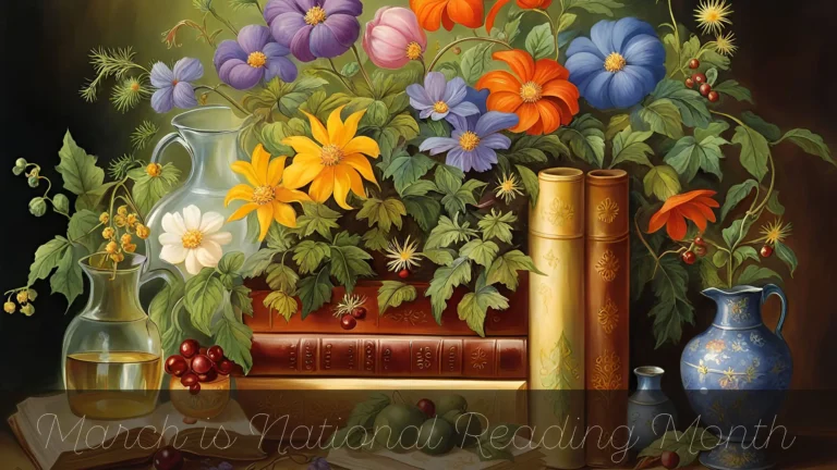 A digital still life oil painting fills the image. The painting’s subject is piles of books stacked on a table. Vases and fruits are scattered around the books. On top of that is loads of flowers and greenery. Across the bottom edge says ‘March is National Reading Month’ in thin, white, sans letters on top of a transparent black rectangle.