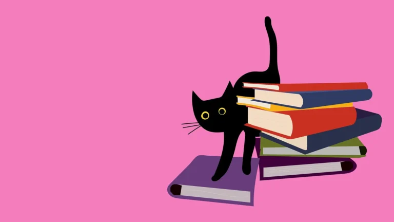 A solid, bright pink background. A drawing of a stack of multi-colored books is on the right side. A black cat, with round yellow eyes, is walking out from behind the book’s left side.