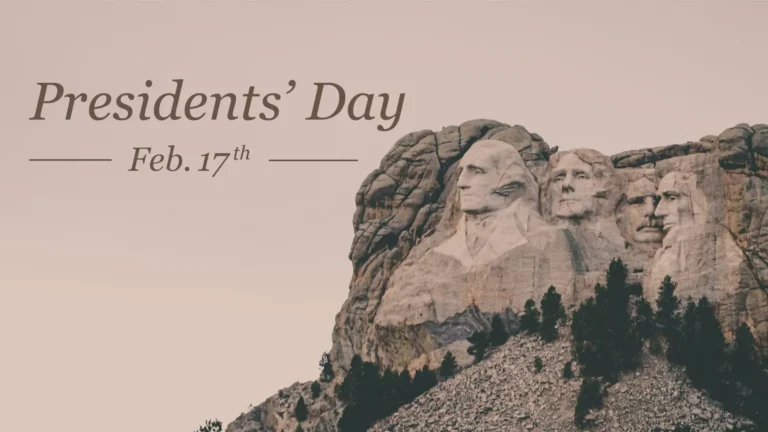 A photo of Mount Rushmore in the bottom right corner against a dusty pink sky. In the top left corner reads ‘Presidents’ Day’ in light brown, italic, serif letters. Below is the date ‘Feb. 17th’ using the same font. On either side of the date is a thin, light brown, horizontal line.