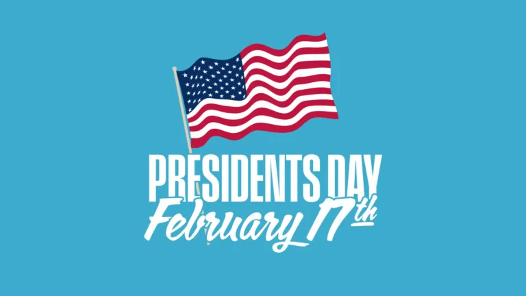 A solid bright blue background with a clipart of an American flag flowing in the wind in the center of the image. The words ‘Presidents Day February 17th’ are below the flag. ‘Presidents Day’ is in bold, white, all-caps, sans letters, while the date is in bold, cursive, white letters.