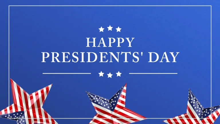 A subtle royal blue gradient fills the background. A thin white line rectangle creates a border around the image. Coming up from the bottom edge are three five pointed stars. Inside each star is the American flag. The words ‘Happy Presidents’ Day’ fill the center of the image. A white, serif font was used. Arched above the word ‘Happy’ are three white stars. Below the words are another three stars. On either side of the bottom stars is a thin, white, horizontal line.