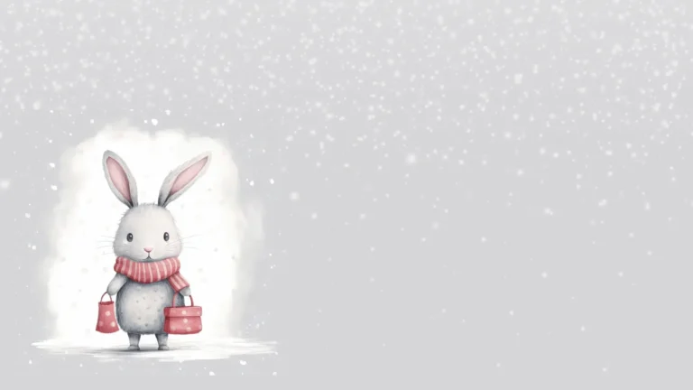 A light gray background with falling white snow covering it. A drawing of a small gray rabbit stands in the bottom left corner against a white background. The rabbit is wearing a thick pink, striped scarf, and holds a small pink suitcase in each hand.