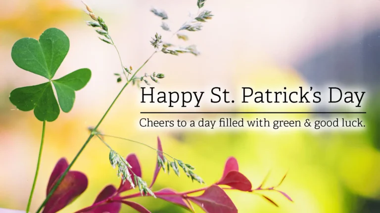 A photo of one green clover surrounded a sprig of grass and purple clovers below it sit in focus on the left side. The rest of the photo is blurred out of focus, and appears as splotches of gray, blue, orange, and bright green. The words ‘Happy St. Patrick’s Day’ centered to the right of the clover. The font used was black, serif letters with a large white shadow behind it. A horizontal black line sits below St. Patrick’s Day. Under the line in smaller words, but the same font, says ‘Cheers to a day filled with green & good luck’.