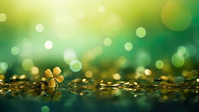 A blurry background of shades of green and transparent circles. Along the bottom appears to be filled with water reflecting something gold colored. Peaking out of the water is a lone golden four leaf clover.