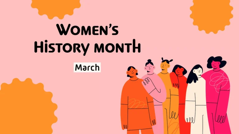 A solid peach background. Six black line drawings of women stand in the bottom right corner. Each woman is fully a different color. From left to right: orange, light pink, yellow, red, white, and hot pink. Near the top left corner says ‘Women’s History Month’ in bold, rounded, black, sans letters. Below in a small white rectangle is the month ‘March’. Three yellow circles with fluted edges are also in the image. Two are along the top edge above the words and women. The third is in the bottom left corner.