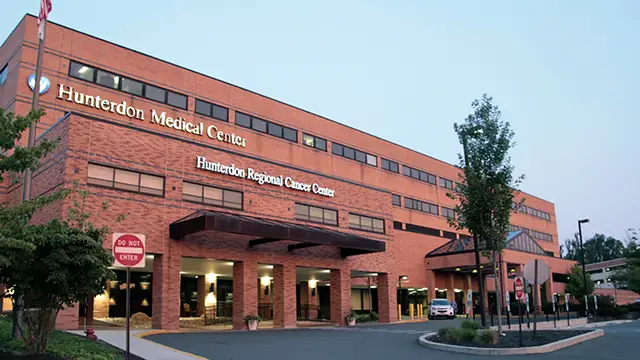 Hunterdon Health Hospital Building Main Entry doors. Leads to main lobby with video wall display