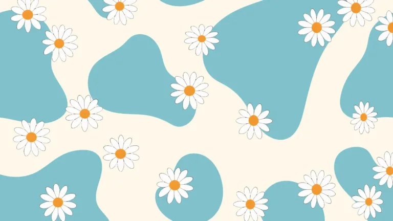 An off-white background covered in dusty, light blue cow print spots. Small white daisies with gold centers are scattered across the graphic.