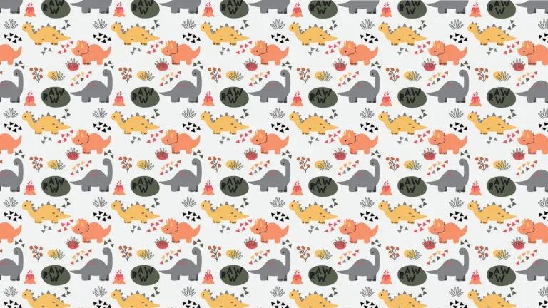 A white background filled with cute drawings of dinosaurs , triangles, are the words ‘RAWW’ that created a linear pattern. There are gray brontosaurus, yellow stegosaurus, and orange triceratops. ‘RAWW’ is in dark green letters in olive green circles. Other small items include triangles the same colors as the dinos, orange branches, green leaves and yellow circles, and small orange volcanoes.