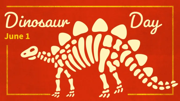 A distressed dark, burnt orange-red background with a geometric/organic shaped drawing of a stegosaurus skeleton that almost fills the entire center of the graphic. The skeleton’s bones are an off white color and are slightly to the right side. Above the skeleton says ‘Dinosaur’ on the left side, and ‘Day’ on the right. The words use an off-white, cursive font. Below the word dinosaur is the date ‘June 1’ in small, bold, yellow sans letters. A thin yellow line border goes around the entire image. The stegosaurus’ feet and the words dinosaur and the date break up the border.
