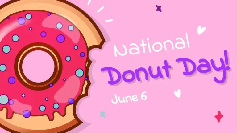 A large clipart donut fills the left side of the graphic. The donut is tan with a thick brown outline and covered in hot pink frosting and purple and light blue circle sprinkles. Tilted in the center and right side of the graphic are the words ‘National Donut Day! June 6.’ ‘National’ is on top in thin, white, handwritten letters. Then ‘Donut Day!’ is in the same handwritten font, larger, bold, bright purple and a drop shadow. In the same color and font as national, the date in small and below donut day. Floating around the words are two small white heart shapes, and a hot pink, purple, and light blue four pointed stars. The background is light pink.