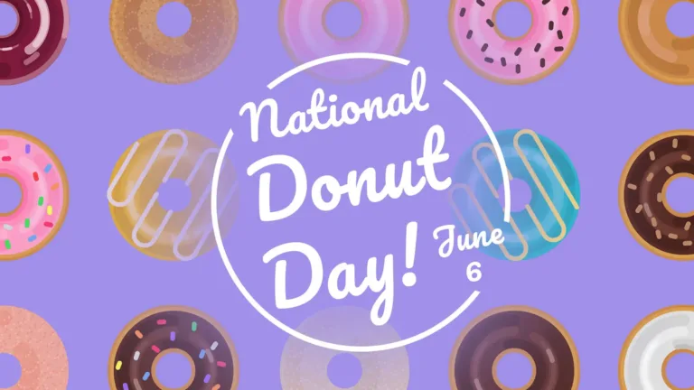 A solid lavender colored background with rows of drawings of different kinds of donuts. The donuts have pink, blue, yellow, tan, or brown frosting. In the center of the graphic has a message inside a circle outline. Behind the message the donuts slightly disappear. The circle outline is thin and white. Three stacked words and a date fill the circle. The message reads ‘National Donut Day!’ in thick, white cursive letters. To the right of the word day! Is the date June 6 in smaller white cursive letters. National and the date cut into the outline.