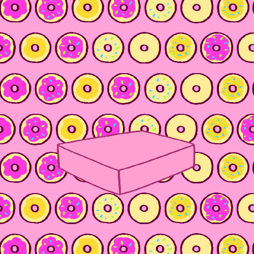 A bubble gum pink background filled with drawings of donuts stacked in straight rows next to each other fill the gif’s background. Some of the donuts are plain tan, and some have hot pink frosting. A pink box sits in the center. The box opens and a pink frosted donut pops up with gold light framing it. A bright light appears around the box when it opens. When the box closes back over the donut the light disappears.