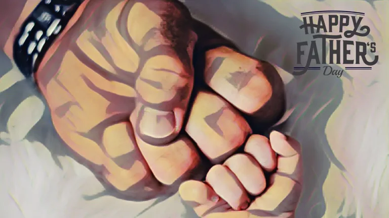A digital, maybe ai, painting of a man’s fist gently touching a baby’s fist. The man’s hand appears to be wearing a black watch. The hands appear to be on white fabric. In the top right corner is a scripted message saying ‘Happy Father’s Day.
