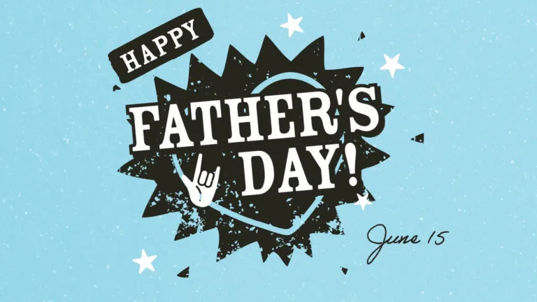 The words ‘Father’s Day!’ are in the center of the graphic and use a bold, white serif font. Behind the words is a distressed black , heart shape with a gagged border around it. Small white hearts and black triangles float around the words. To the bottom right is the date June 15 in thin, black cursive letters. Titled to the top left of the large heart says ‘Happy’ inside a distressed black rectangle and white serif letters.