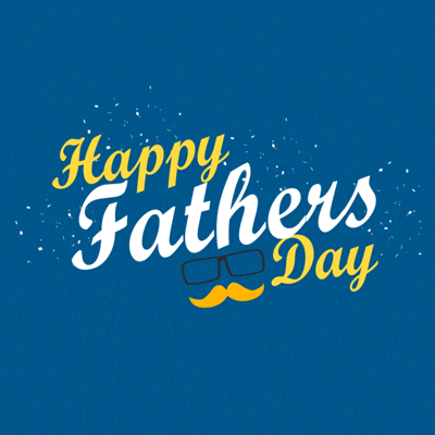 A muted, semi-dark blue background with the cursive words ‘Happy Fathers Day’ stacked on top of each other in the center. ‘Happy’ and ‘Day’ are yellow, while ‘Fathers’ in white. The words jump into the center of the gif from somewhere off its edges. Then after a second the jump back off the gif. To the left of the word ‘Day’, a drawing of a gold mustache and black square framed glasses slides in with it. Small glittery particles shine around the words when they are still in the center.