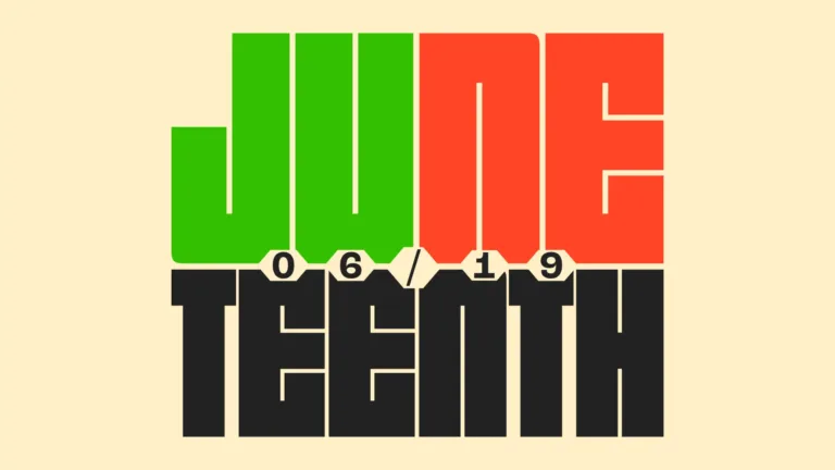 A large word fills the center of the graphic. The letters ‘JUNE’ are largest and sits on top of the letters ‘TEENTH.’ All the letters are made with thick rectangular shapes. The letters J and U are neon green; N and E are red; TEENTH is black. In the thin space between the stacked letters are five small hexagon shapes in the same color of the light beige yellow background. Inside each hexagon is a glyph to make the date 06/19. A small, bold, black serif font was used for the date.