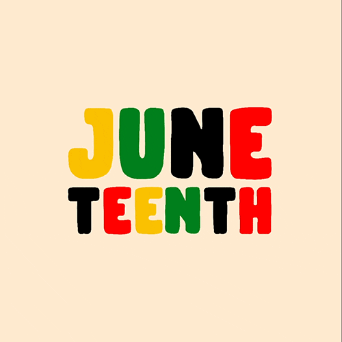 A light beige background with the words J’une’ stacked on top of the word ‘teenth’ in the center of the gif. The words are all caps and are thick bold letters. Each letter's colors are changing constantly. No color appears next to the same color in a different letter at point. The colors the letters are changing between are; green ,red, black, or yellow.