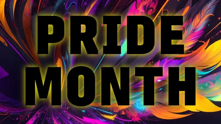 An abstract, neon ai generated feather shaped object fills the graphic against a black background. The colors used are neon yellows, orange, pinks, purples, and blues. In the center of the image are the words ‘PRIDE MONTH’ stacked on top of each other. The words are in a bold, black, all-caps sans font. They are solid black, and have a bright yellow halo around each letter.