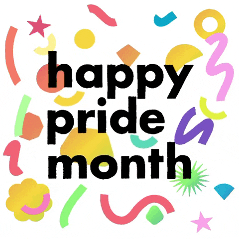 A white background with multi-colored shapes floating and moving around. A few shape examples include; pink squiggly lines, yellow circles, red stars, etc. Left aligned in the center of the gif are the stacked words ‘happy pride month’ in all lowercase, bold, black helvetica letters.