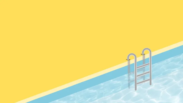 A solid, bright yellow color fills the graphic. Diagonally in the bottom right corner is a drawing of a pool’s edge. A small, gray metal ladder is coming out of the water, over the pool edge and attached to the solid yellow background. The edge of the pool is made with light yellow and bright blue rectangles. The pool is filled with light blue water.