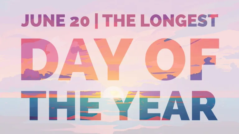 A digital painting of a bright pink and orange sunset over a blue dark purple ocean. A transparent white layer sits on top of the sunset. Bold, all-caps, sans letters are cut out of the white layer to reveal the sunset behind. There are smaller words across the top edge saying ‘June 20 | the longest.’ In large letters in the center of the graphic say ‘day of.’ Lastly, along the bottom in large letters says ‘the year.’