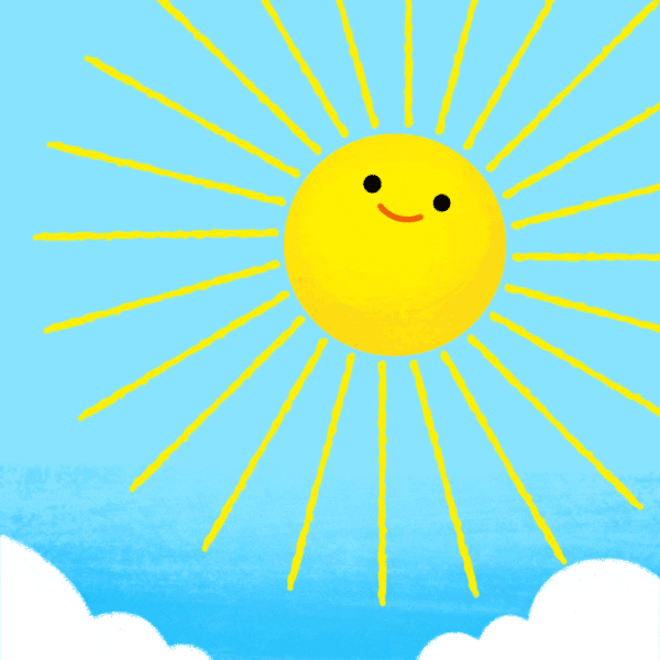 A bright blue sky with the tops of two fluffy white clouds sitting in the bottom corners. A bright yellow circle creates the sun near the top right of the gif. The sun has lots of long, thin yellow lines creating rays around it. The sun has a simple smiley face drawn on it. A white and red striped to-go cup with a red straw comes out from behind the sun as if it was grabbing it from behind. The sun takes a sip from the straw and then the cup moves back behind it and out of view.