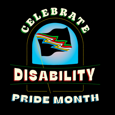 A solid black background. In the center is a thin yellow line arched rectangle shape. Inside the arch is a graphic of a waving flag on a pole. The flag is black with five jagged lines crossing it from the top left corner to the bottom right. From left to right the jagged line colors are blue, yellow, white, red, and green. The top to the flag pole and the entire flag are against a blue arched sky within the arch shape. A faint light pink circle is behind the flag. Below the flag and blue sky is the word DISABILITY. A bold off white, sans font was used. The word occasionally gets bigger and then shrinks back down to its original size. When that happens the red drop shadow also gets slightly bigger. Below disability is another line of words using the same font, which says, “PRIDE MONTH.” Pride month also occasionally gets bigger and then shrinks back down but only right after disability does. Pride month’s drop shadow is light blue, instead of red. Above the arch shape says, “CELEBRATE” in a bold, off-white serif font with a light blue drop shadow. Celebrate also occasionally get bigger. Around everything eight-pointed, off-white stars of various sizes pop in and out.