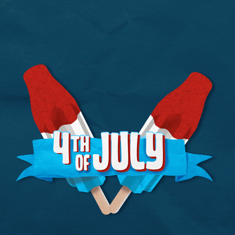 A navy background with two red, white and blue striped popsicles tilt towards the outside edges and then back to the center continuously. A light blue banner crosses over top of the popsicles. Bold, white, sans letters with a red drop shadow sit on top of the banner. They read, “4TH of JULY.” Red and cyan blue dash lines create exploding fireworks behind the popsicles.