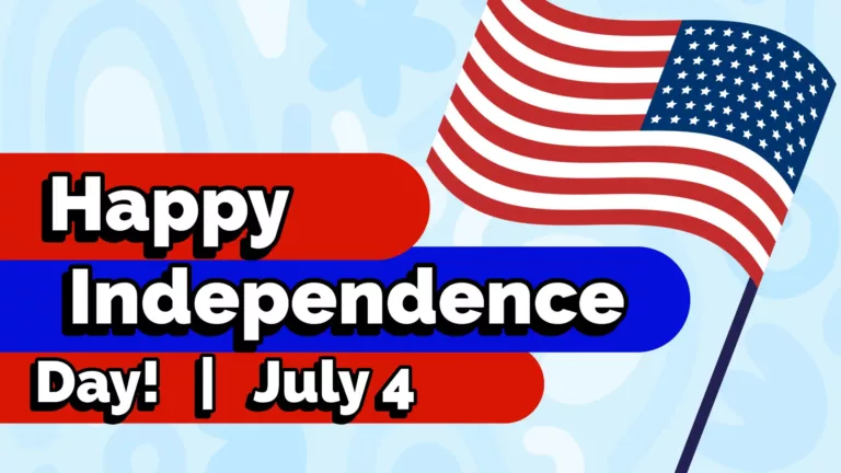 ‘Happy Independence Day! | July 4’ is stacked near the bottom left side. THe words are in a bold, round, white, sans font with a black drop shadow. Behind the entire words ‘happy’ and ‘day! | July 4’ are thick red lines coming from the left side and capped with a rounded edge. The same line shape is behind ‘independence’ but in royal blue. To the right of the words is a clip art image of the American flag waves to the left. The background is filled with light blue shapes.